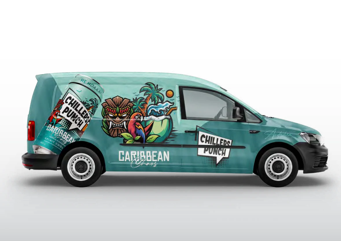 Chillers Punch Caribbean flavour vehicle branding in turquoise